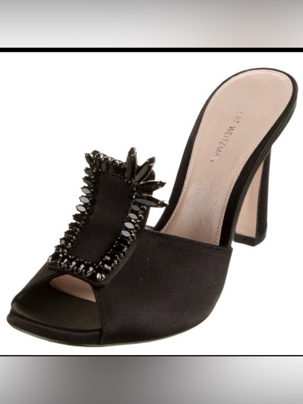 Stuart Weitzman Radiance Crystal Buckle Satin Mule Heels Black Women’s 8.5